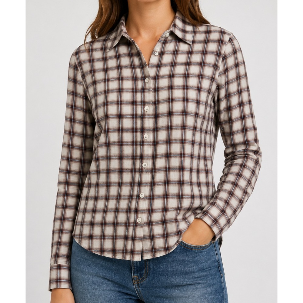 James Perse Standard Plaid Button Front Shirt Womens 3 Medium Ivory Brown Cotton